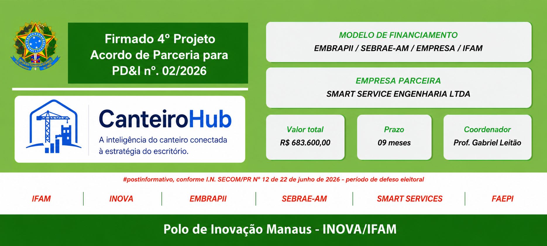 Polo de Inovação do IFAM firma 4º Projeto de PD&I: CanteiroHUB